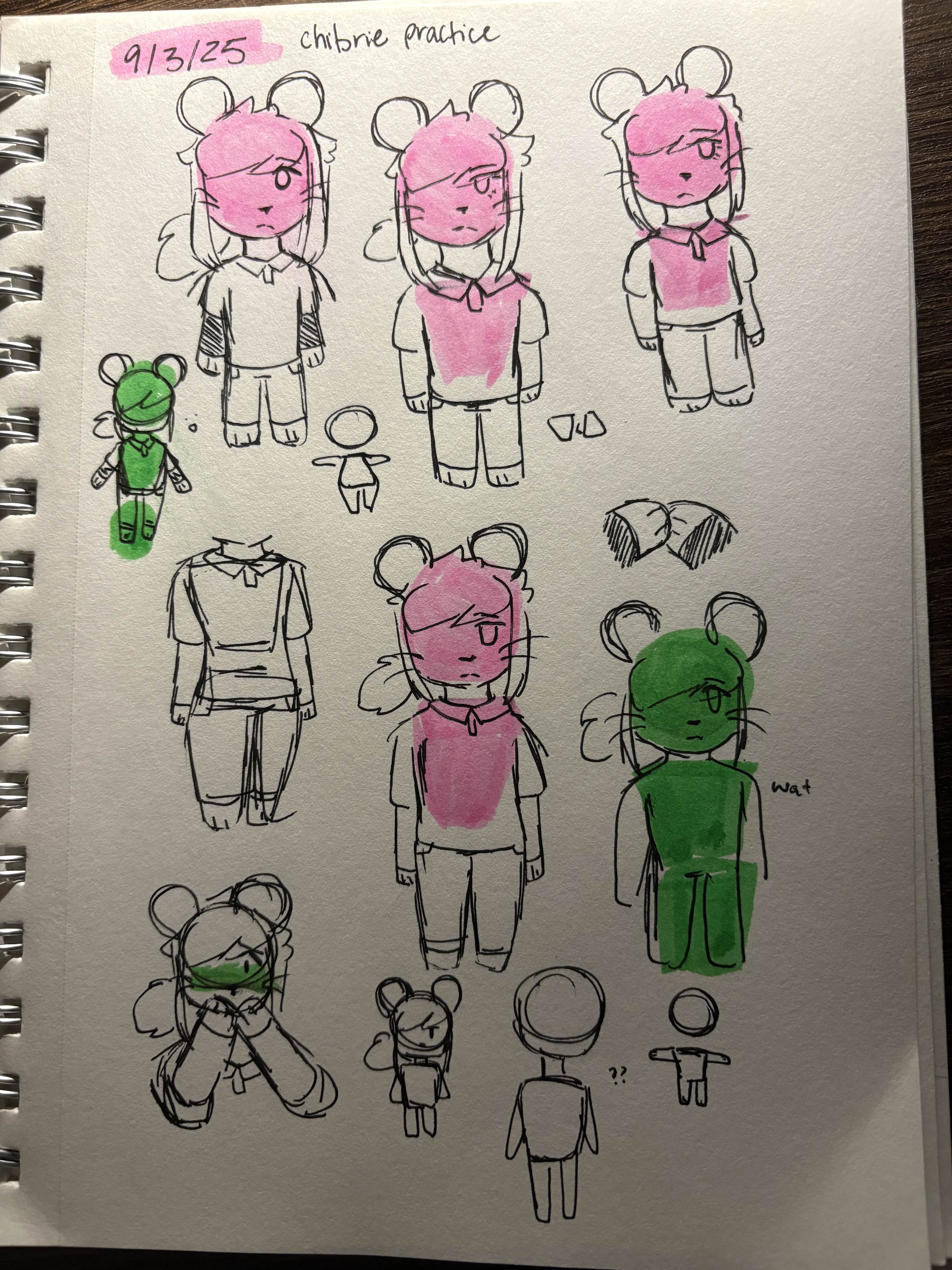 A sketchbook page filled with sketches of Brie with chibi proportions